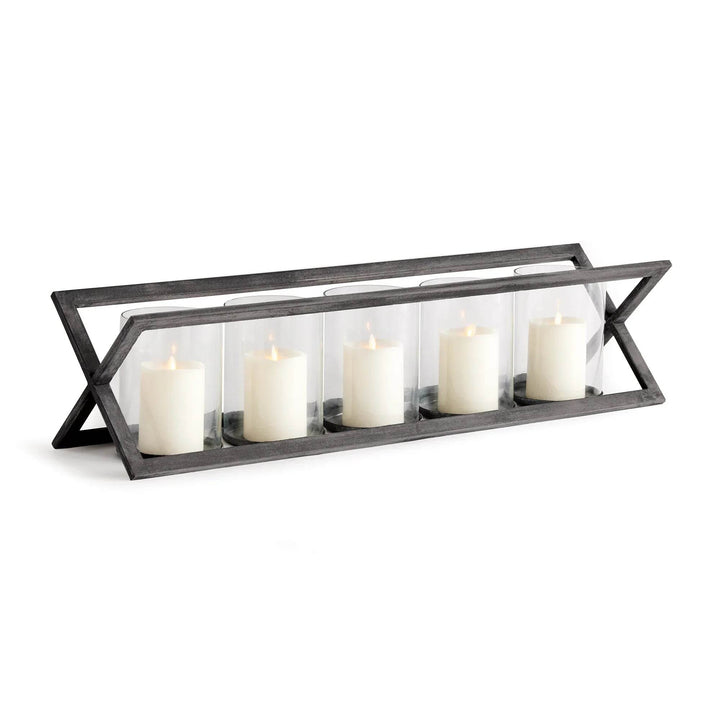 Black metal candle holder with five clear glass cylinders in angular frame – Modern Industrial.