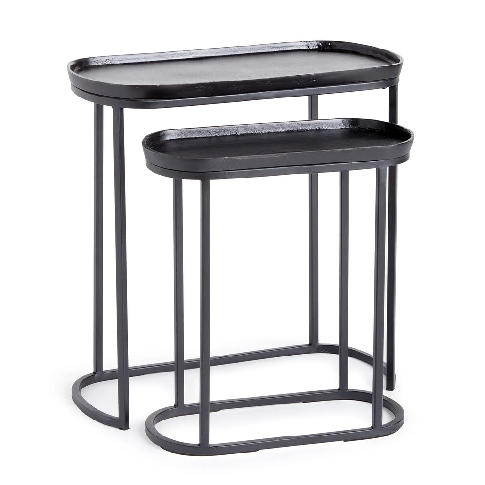 Black metal nesting end tables set of two with tray-style tops and slim frame, modern compact side tables – Modern