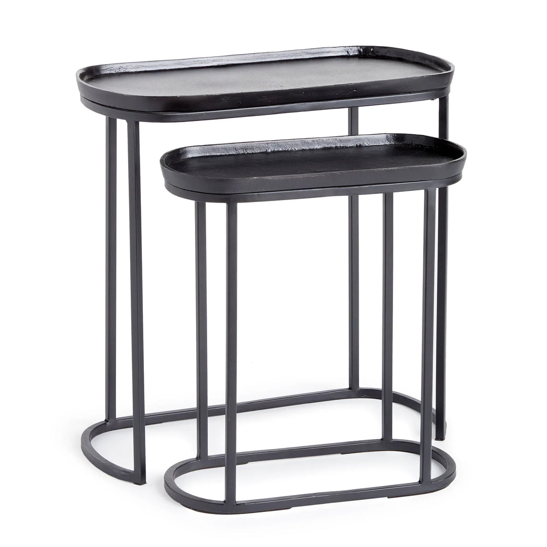 Black metal nesting end tables set of two with tray-style tops and slim frame, modern compact side tables – Modern
