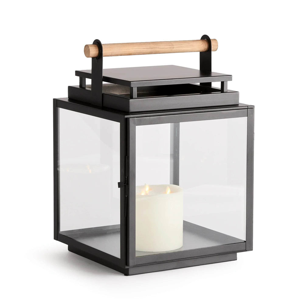 Close-up of teak wood handle attached to black powder-coated outdoor lantern, showing natural grain and durable finish – Modern Farmhouse.