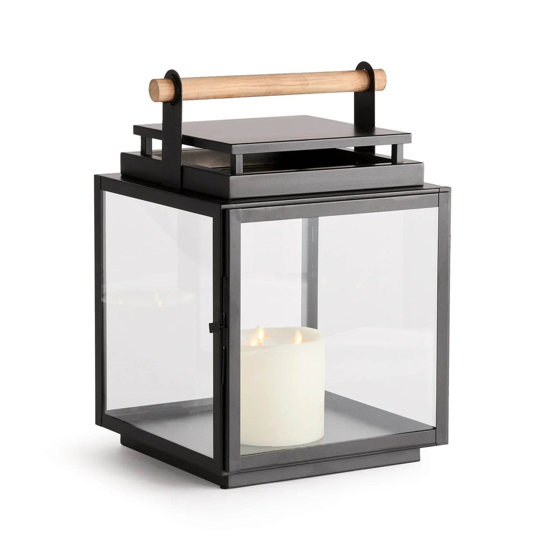 Close-up of teak wood handle attached to black powder-coated outdoor lantern, showing natural grain and durable finish – Modern Farmhouse.
