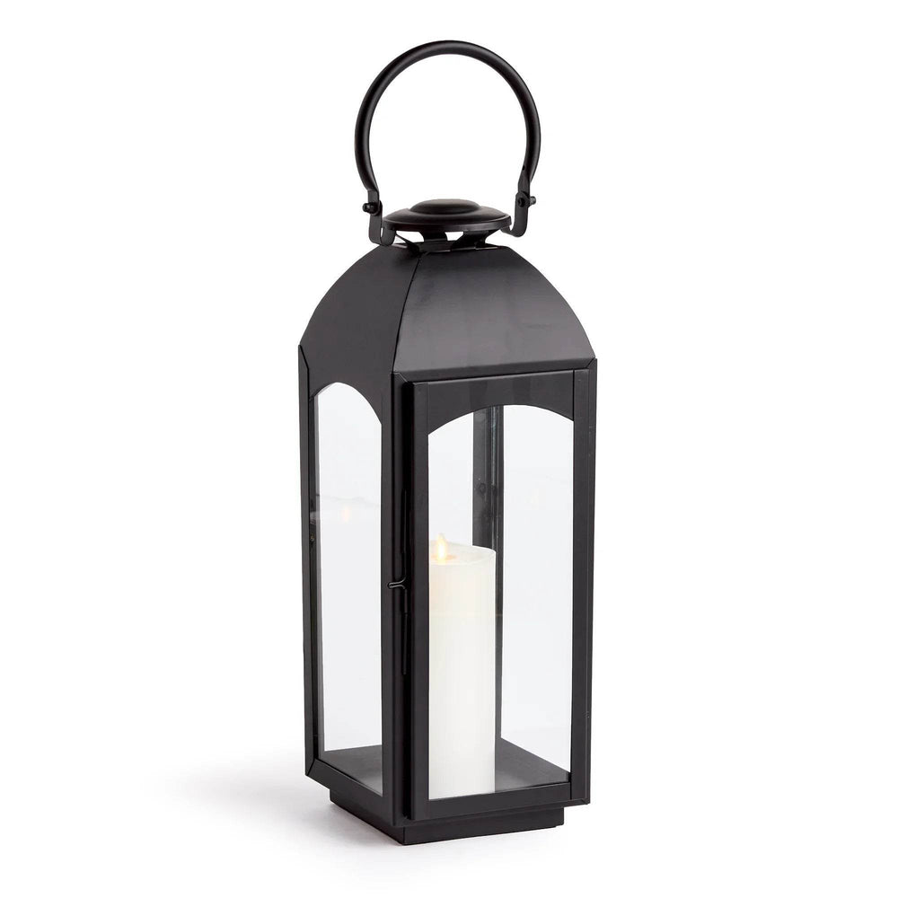 Large black outdoor lantern with glass sides, straight studio view on white; hinged door and latch visible – Transitional Style Decor
