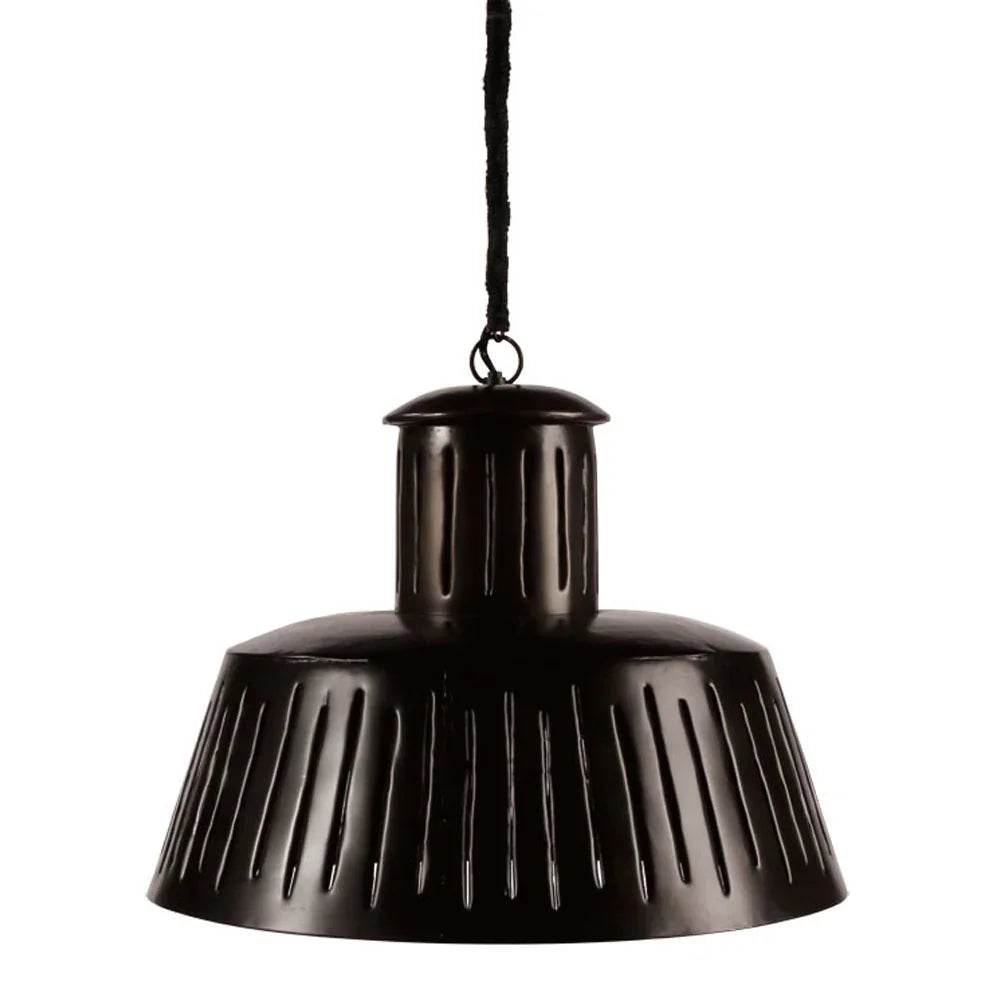 Close-up of black metal pendant light with slotted shade for modern industrial interiors.