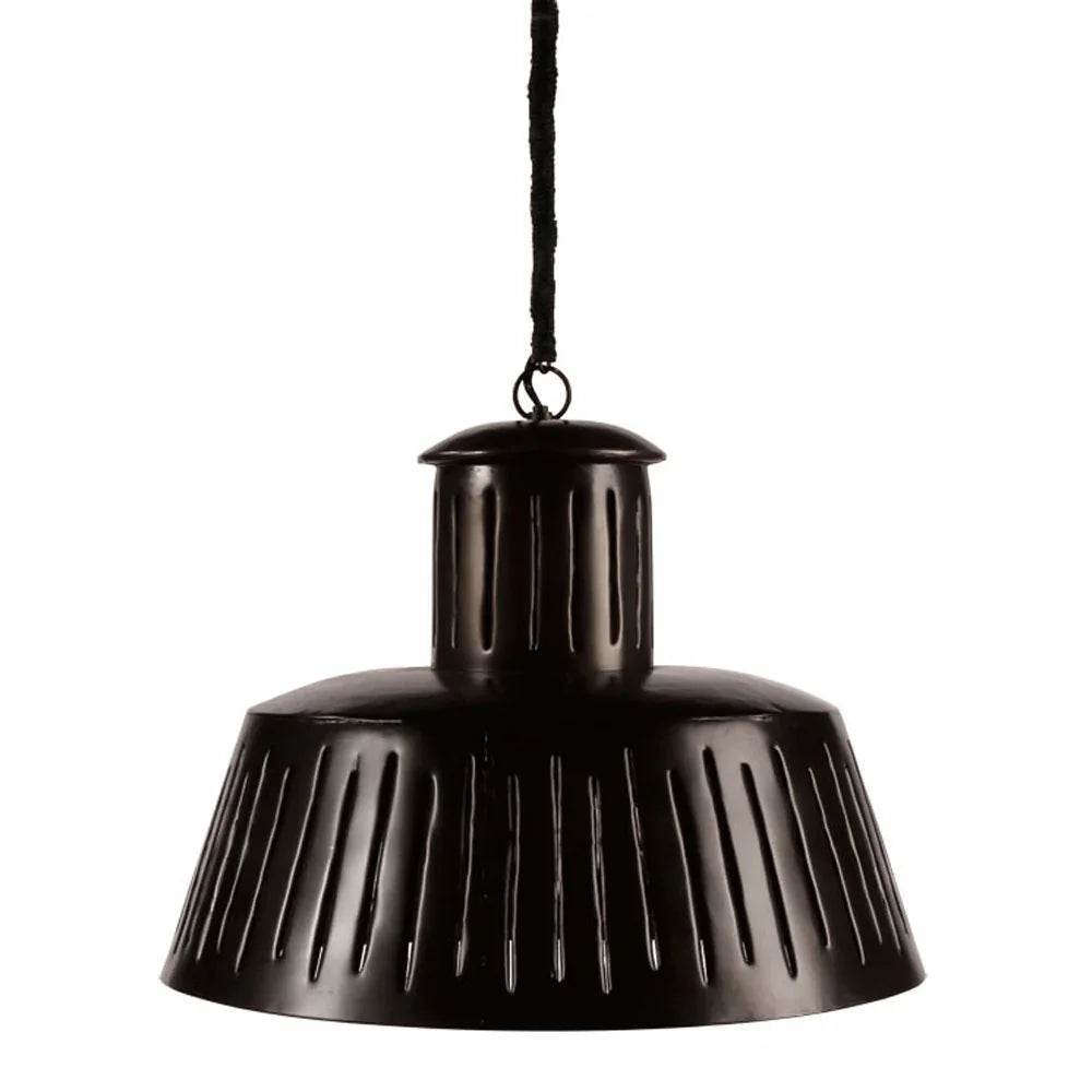 Close-up of black metal pendant light with slotted shade for modern industrial interiors.