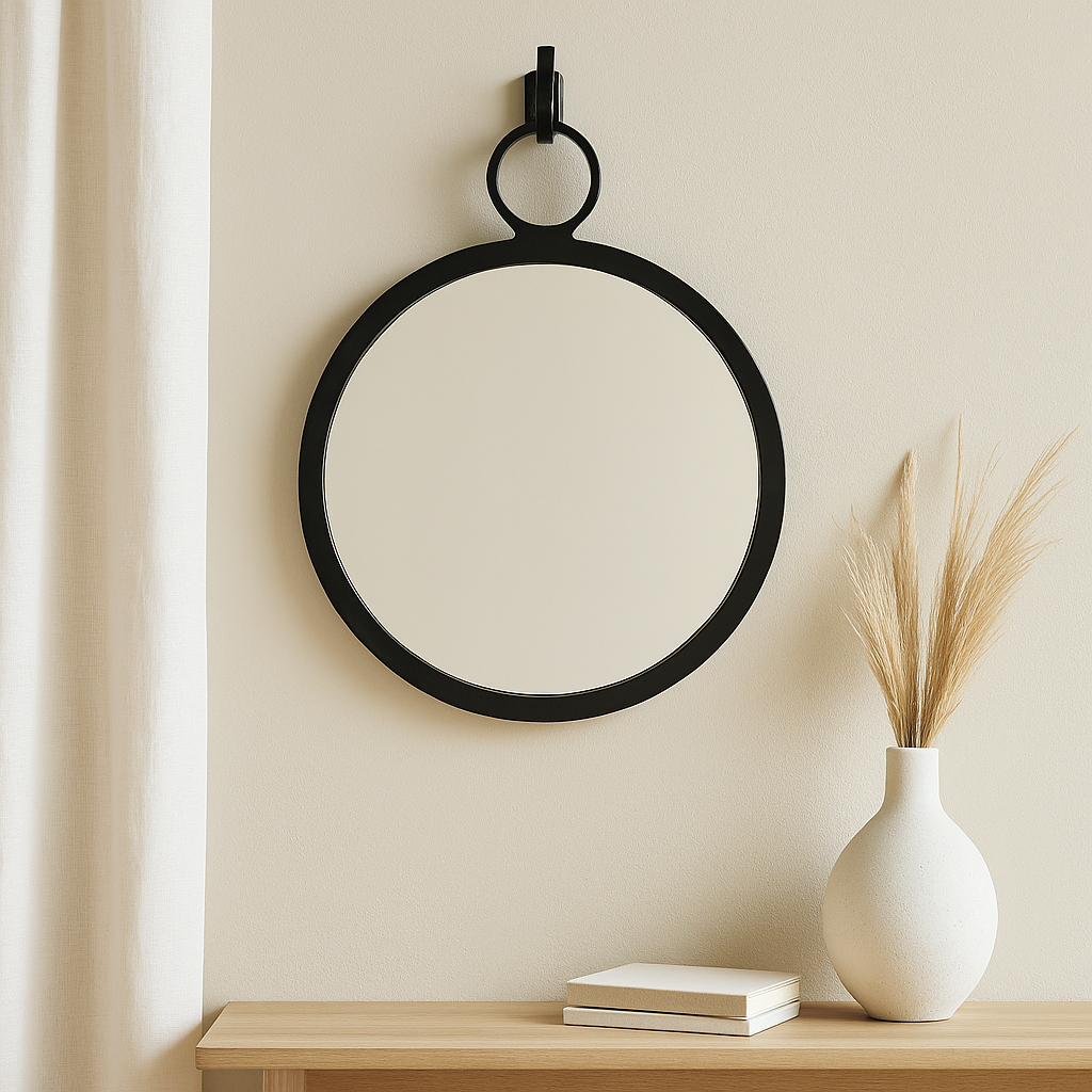 Black round wall mirror in modern coastal entryway, styled with driftwood console and soft neutral textures
