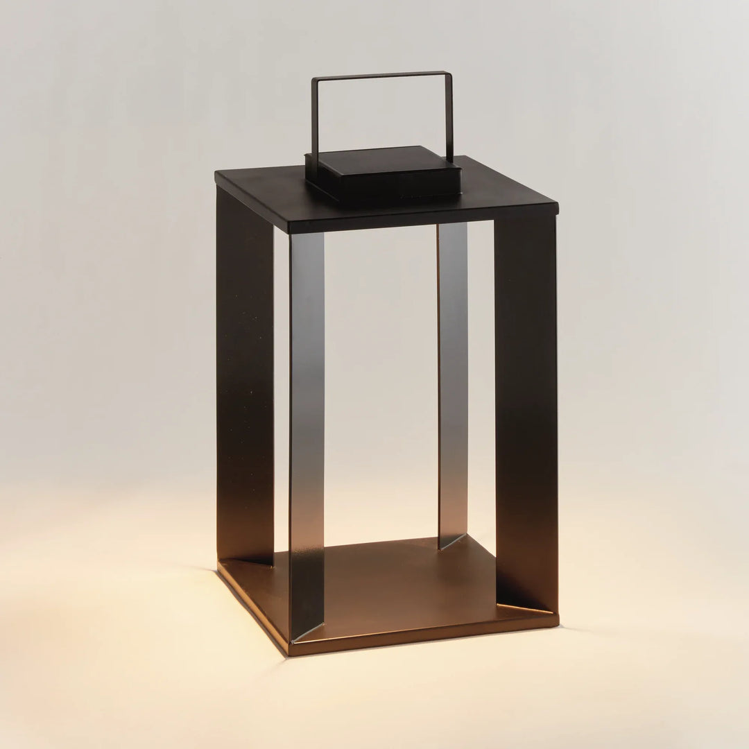 Matte black solar LED lantern 18 inch outdoor lighting with modern rectangular frame and warm ambient glow
