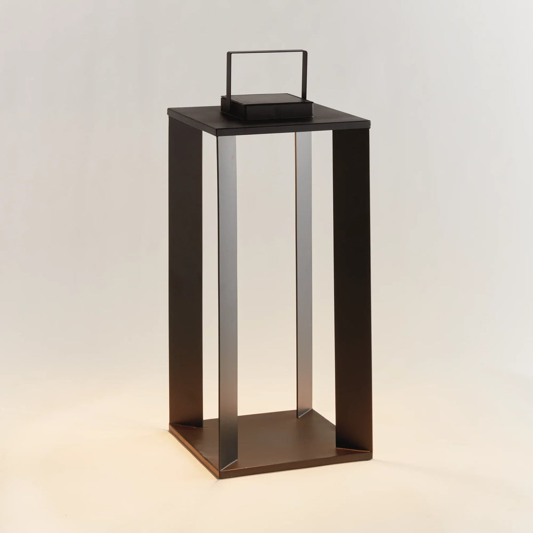 Matte black solar LED lantern 24 inch outdoor lighting with tall rectangular frame and warm LED illumination