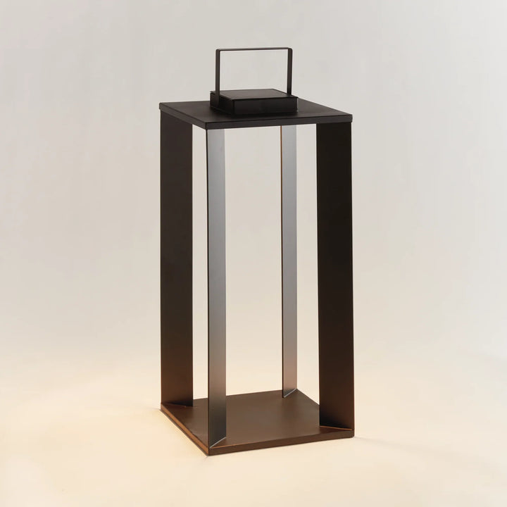 Matte black solar LED lantern 24 inch outdoor lighting with tall rectangular frame and warm LED illumination