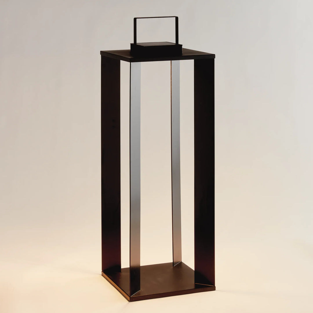 Matte black solar LED lantern 30 inch outdoor lantern with bold modern frame and warm LED lighting for exterior spaces