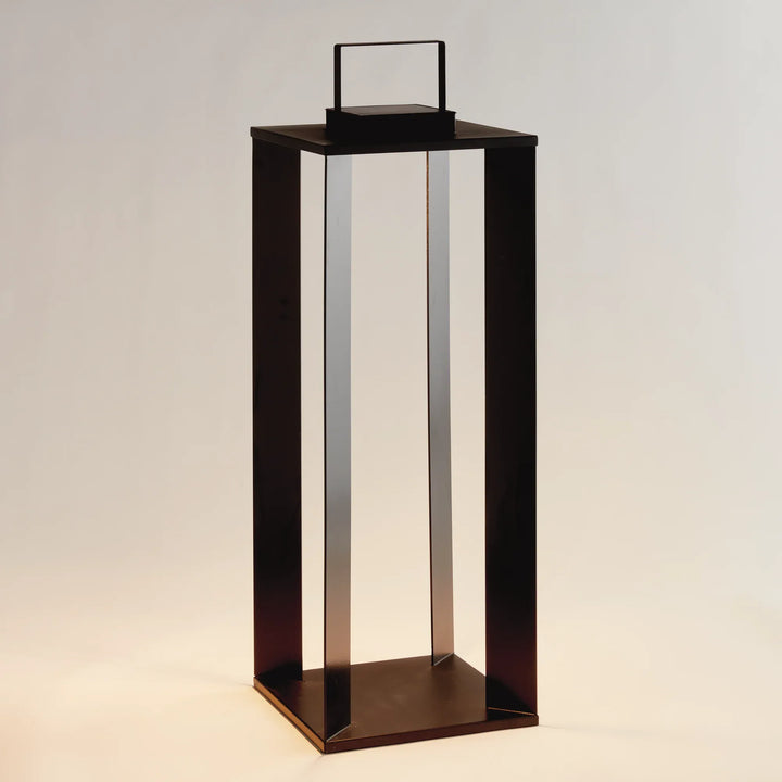 Matte black solar LED lantern 30 inch outdoor lantern with bold modern frame and warm LED lighting for exterior spaces