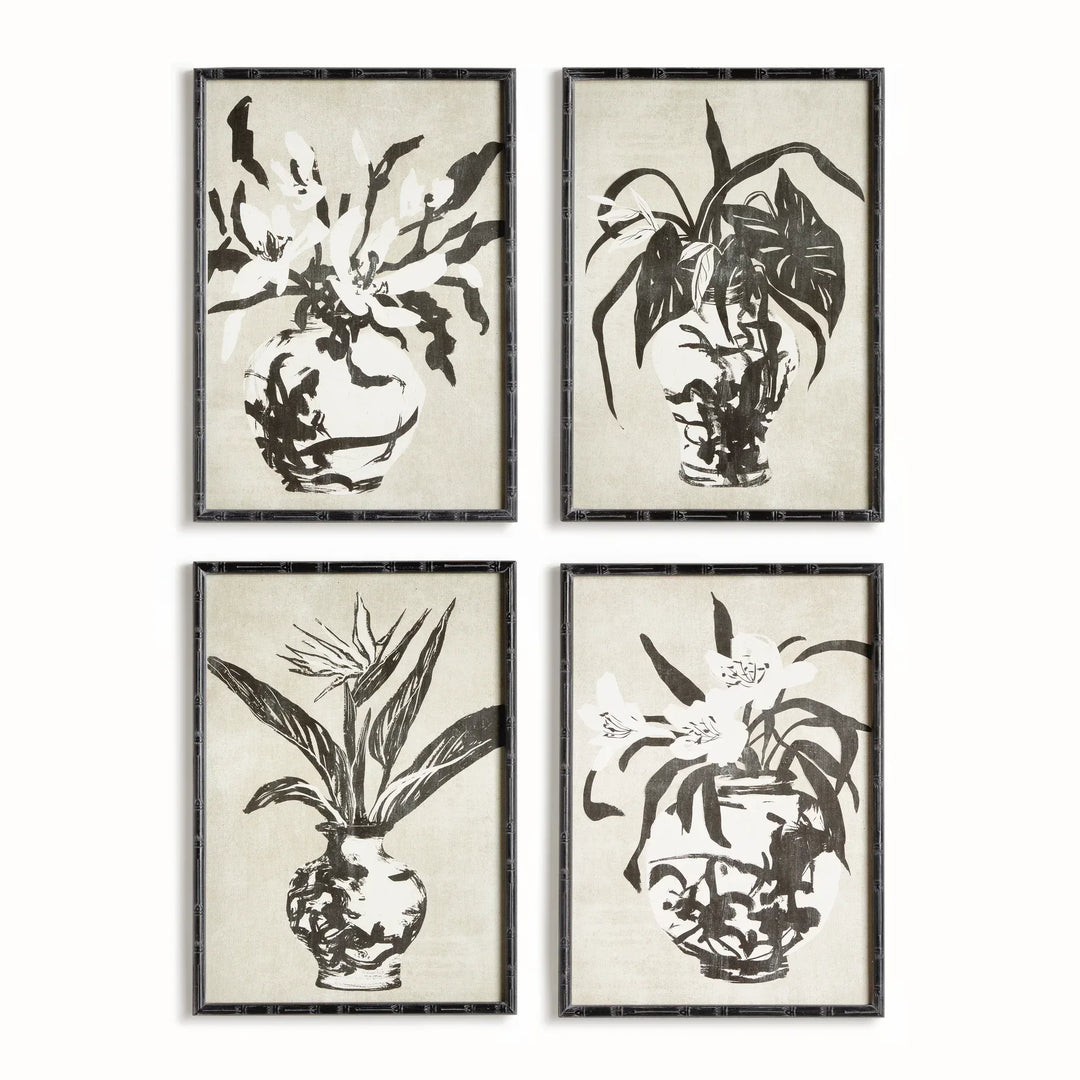 Four black and white botanical prints with bamboo-style black frames, showing potted plants arranged as a set, Traditional