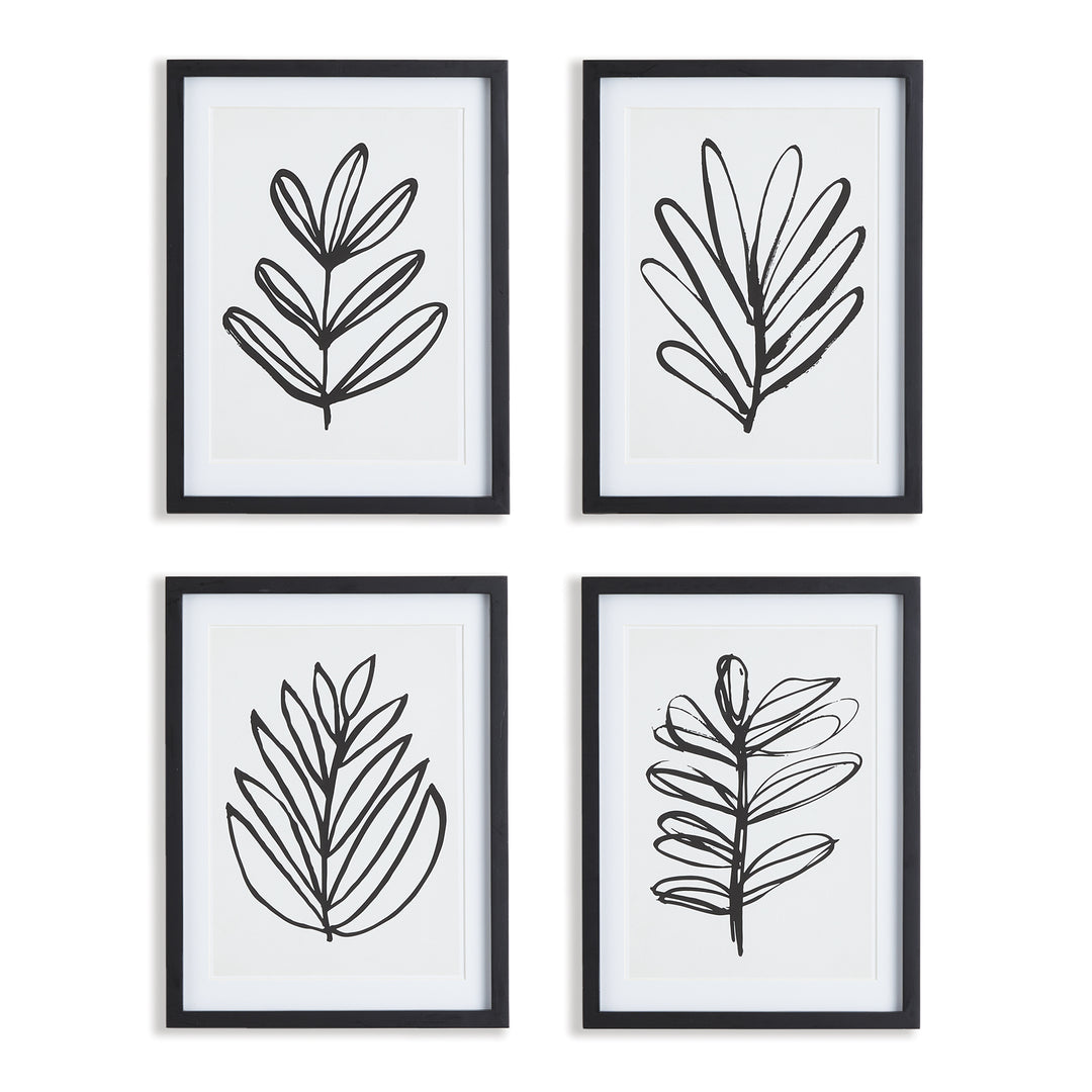 Set of 4 black and white leaf prints framed in black wood with white mats – modern minimalist wall art set
