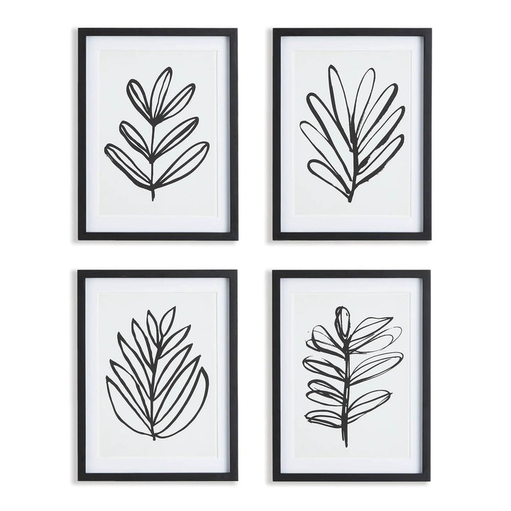 Set of 4 black and white leaf prints framed in black wood with white mats – modern minimalist wall art set
