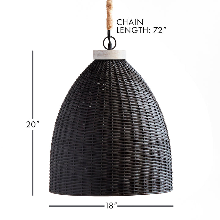 Blackwashed rattan pendant diagram showing shade height and diameter with the wrapped chain length above, Transitional style