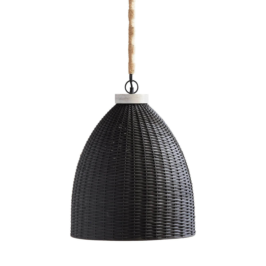 Blackwashed woven rattan pendant with a rounded tapered shade, pale top and a rope-wrapped chain on white, Transitional style