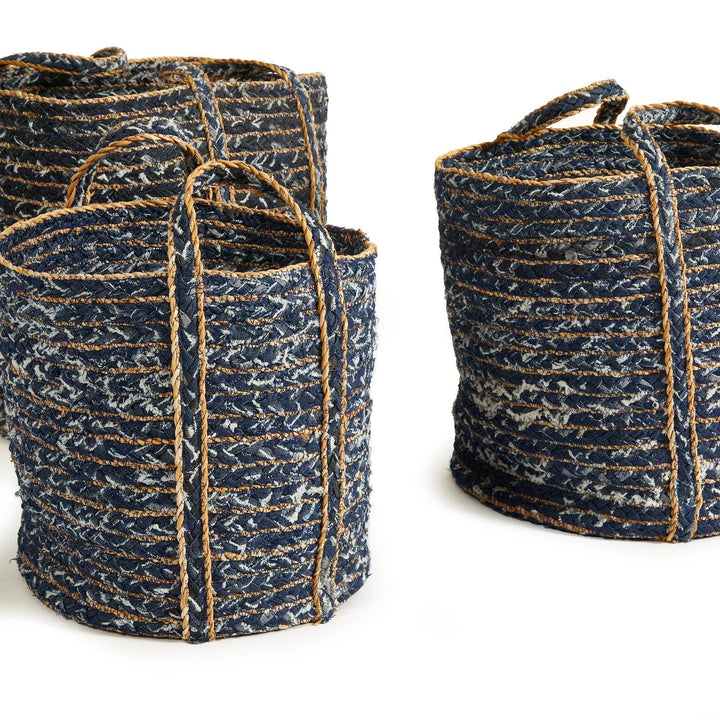 Three blue and tan rope baskets grouped for home organization and storage