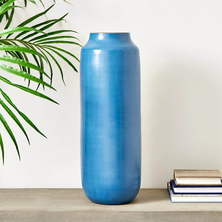 Tall blue ceramic floor vase with smooth rounded form and slim neck, handcrafted in Peru – Modern Organic