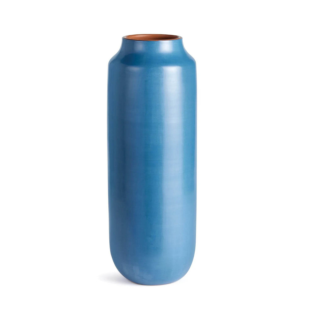 Side profile of tall blue ceramic vase showing tapered top and matte finish, artisan made in Peru – Modern Organic