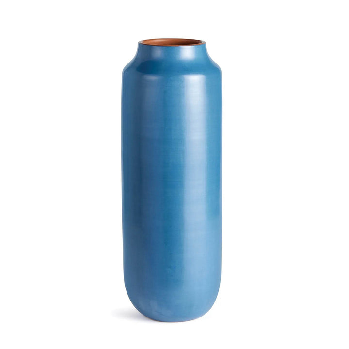 Side profile of tall blue ceramic vase showing tapered top and matte finish, artisan made in Peru – Modern Organic