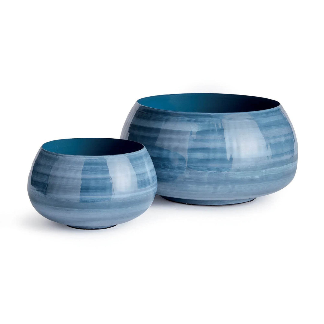 Set of 2 blue gray iron bowls with hand-painted swirl design, shown from front angle to highlight coastal style – Coastal