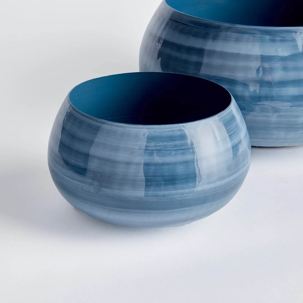Angled view of large and small hand-painted iron bowls in glossy blue gray finish, rounded coastal-inspired forms – Coastal