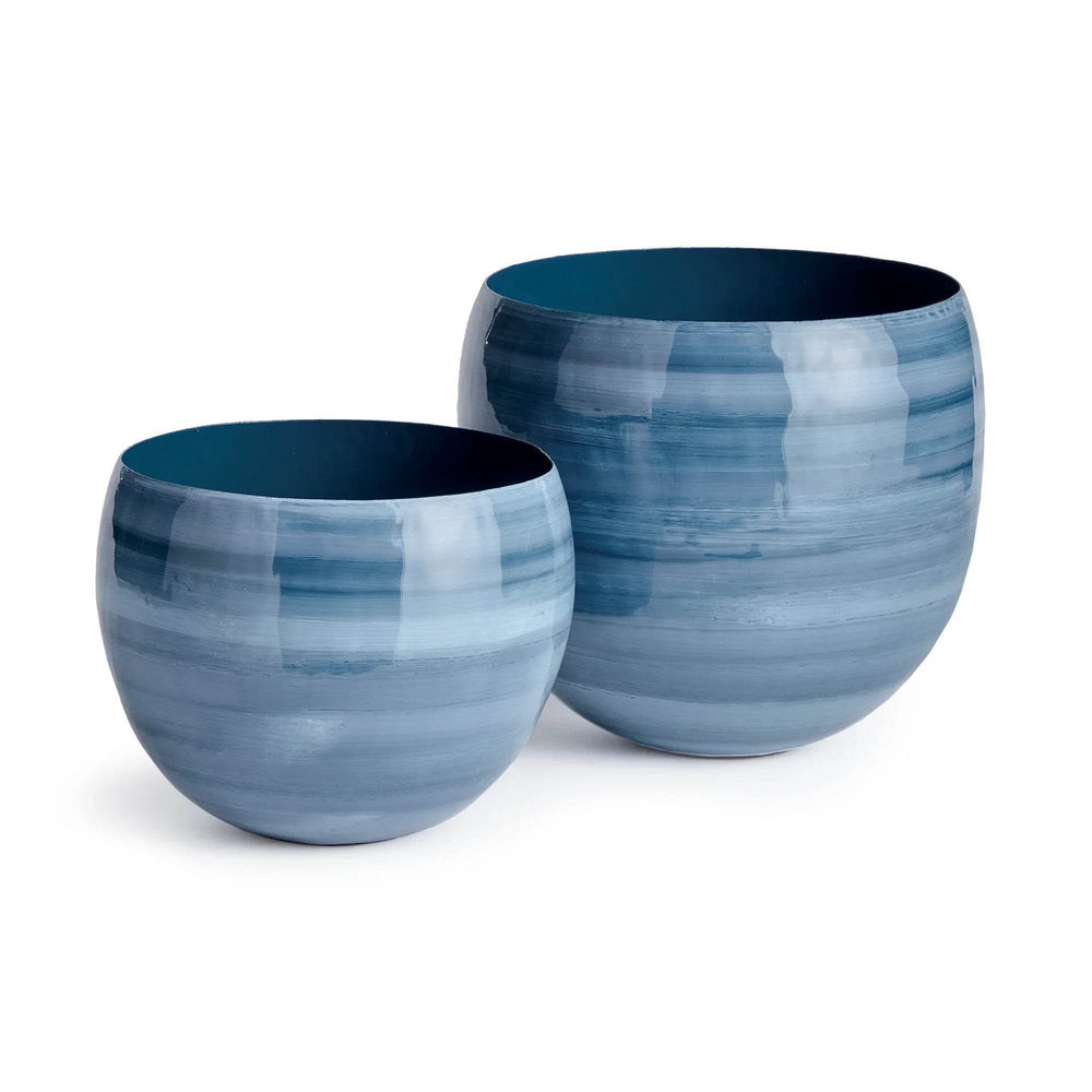 Front view of set of 2 round iron cachepots with glossy blue gray enamel finish and hand-painted brushstroke design – Coastal
