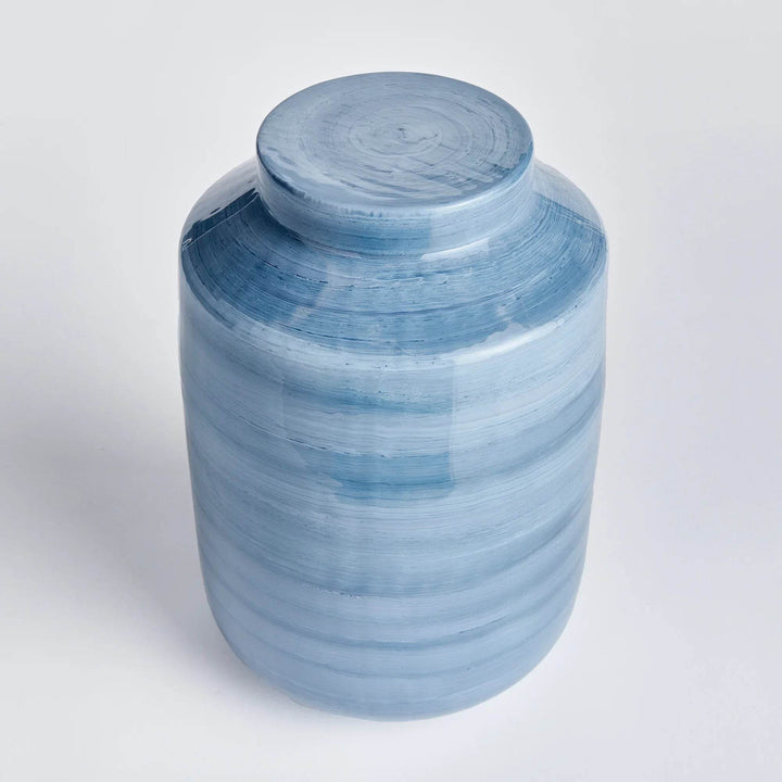 Small 12.5 inch blue gray iron ginger jar with hand-painted coastal swirls, shown from front angle with lid in place – Coastal