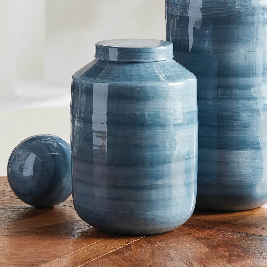Small blue gray iron ginger jar styled on wooden surface with coordinating pieces, hand-painted enamel coastal finish – Coastal