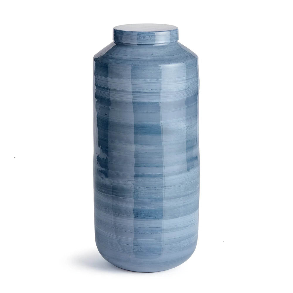 Angled view of tall iron ginger jar in glossy blue gray finish, highlighting hand-painted horizontal swirl design – Coastal