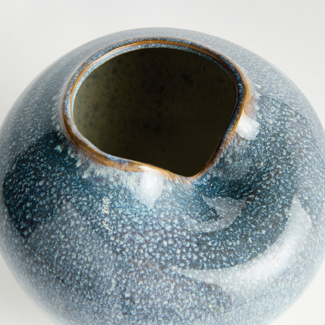 Detailed view of the dusty blue reactive glaze finish on handcrafted stoneware vase – Modern Organic