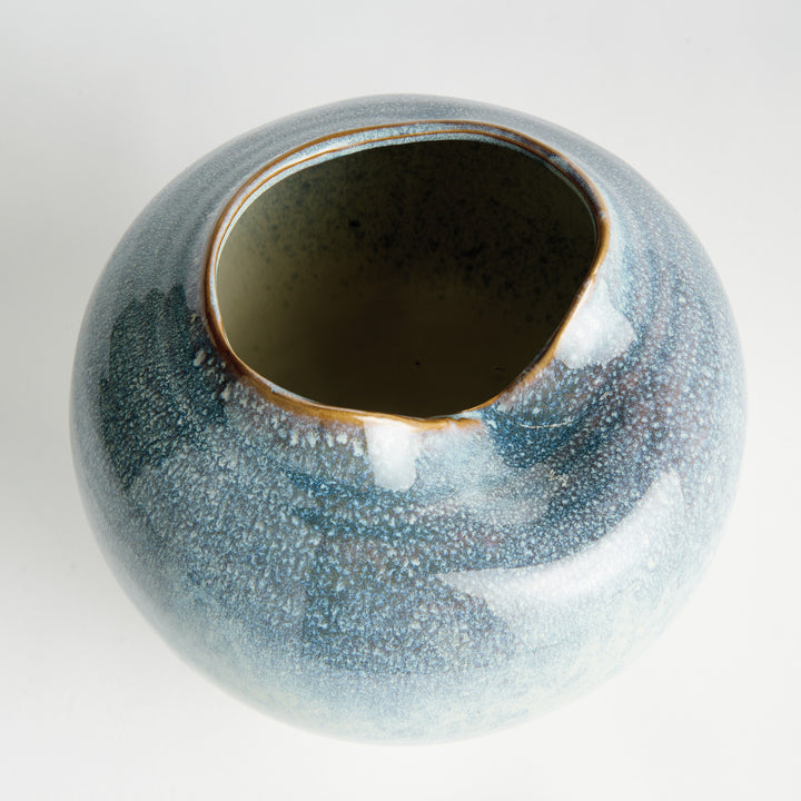 Top view of blue stoneware vase highlighting the folded opening and interior finish – Modern Organic