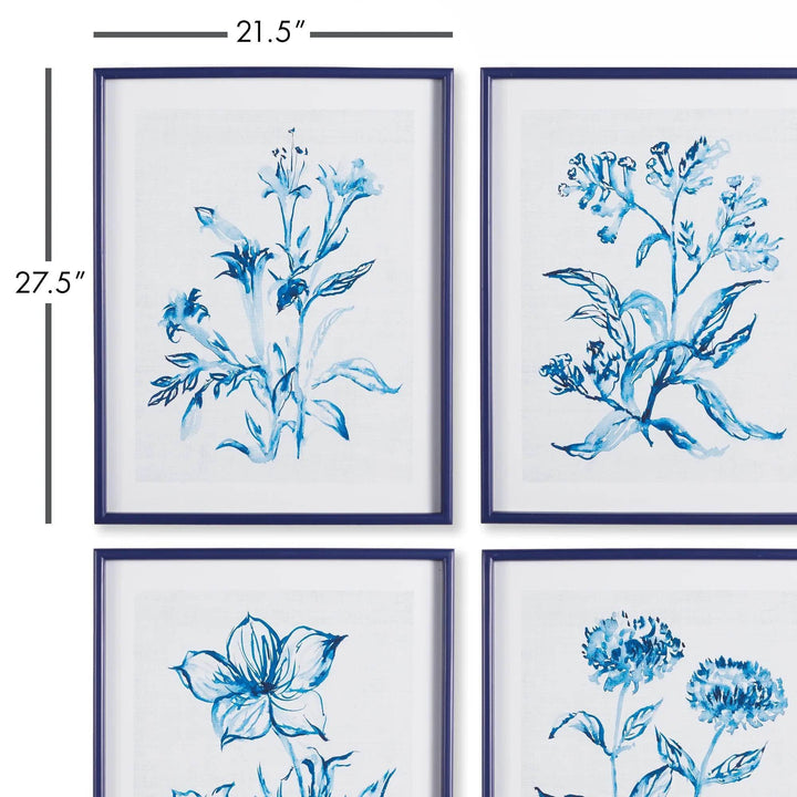 Set of four blue and white botanical watercolor prints framed in modern coastal style, portrait layout.

