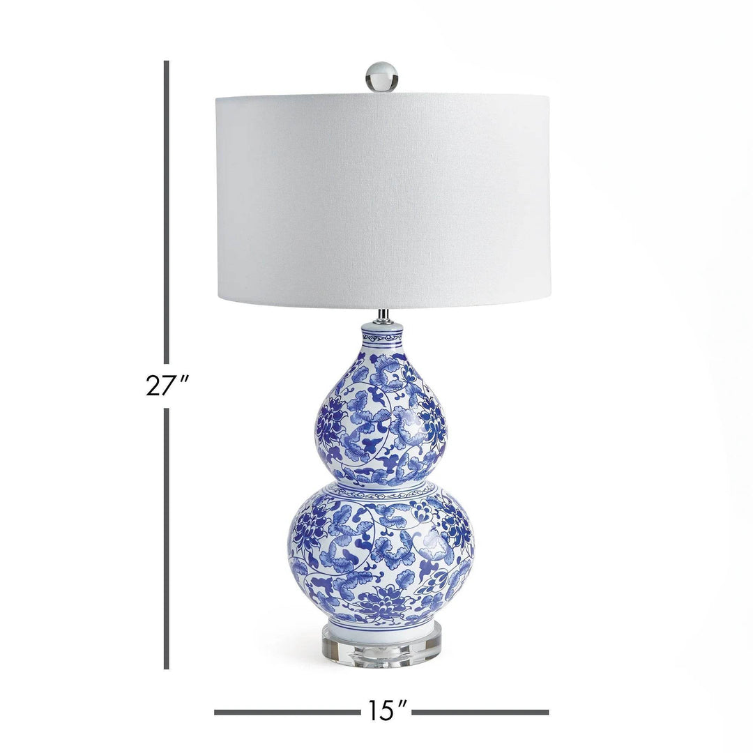 Blue and white chinoiserie lamp shown with height and width dimensions, classic coastal style.