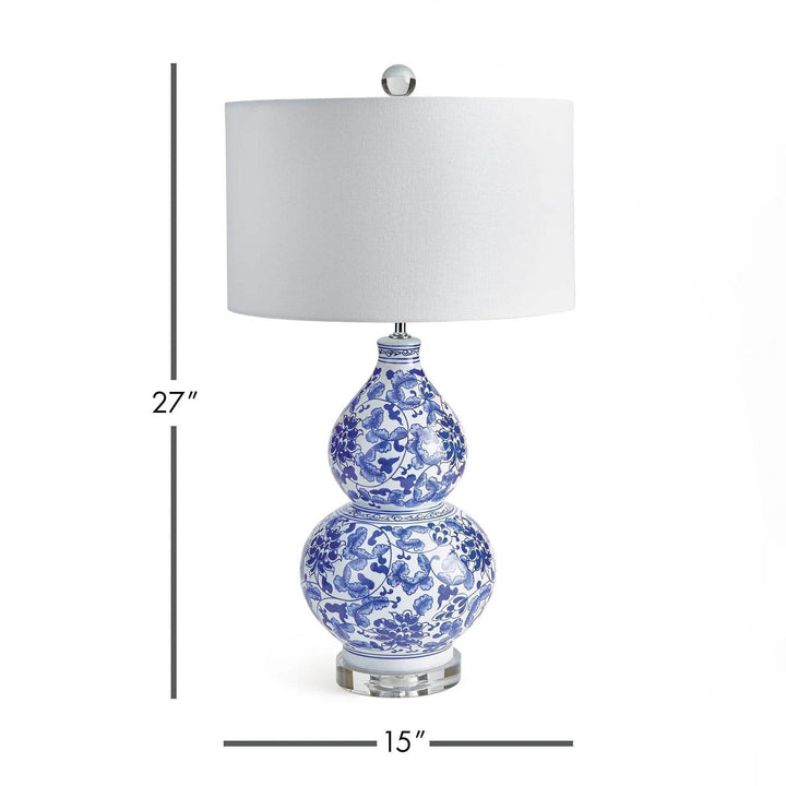 Blue and white chinoiserie lamp shown with height and width dimensions, classic coastal style.