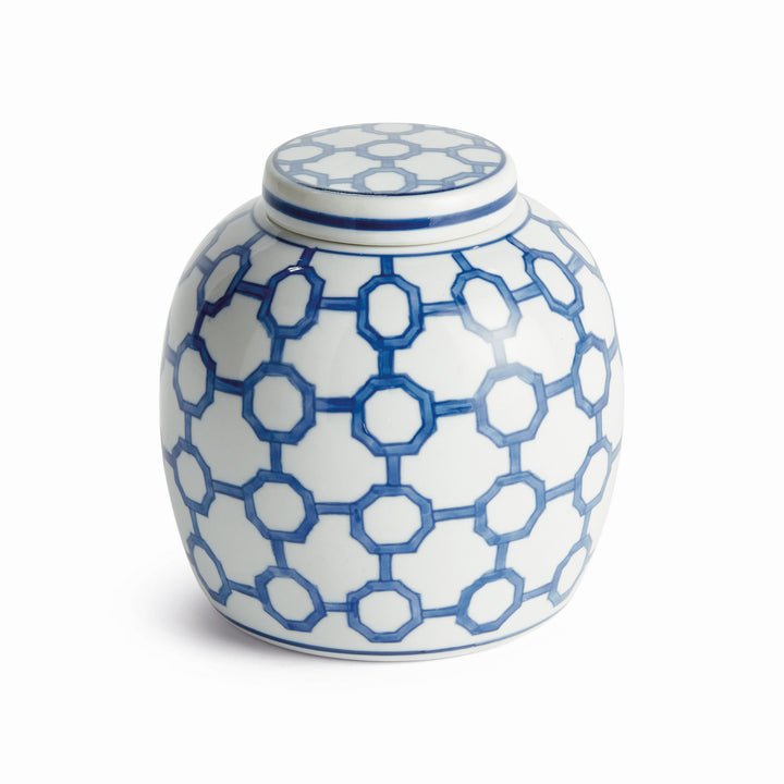 Blue and white ceramic ginger jar with repeating geometric link lattice pattern and rounded silhouette for shelf or console styling – Coastal.