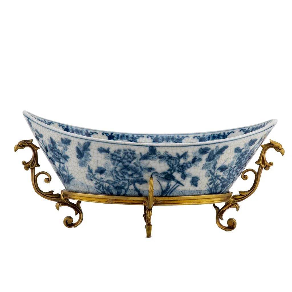 Blue and white porcelain decorative bowl with bronze ormolu base, back view

