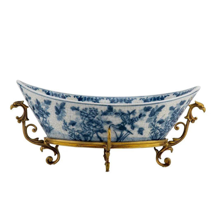 Blue and white porcelain decorative bowl with bronze ormolu base, back view

