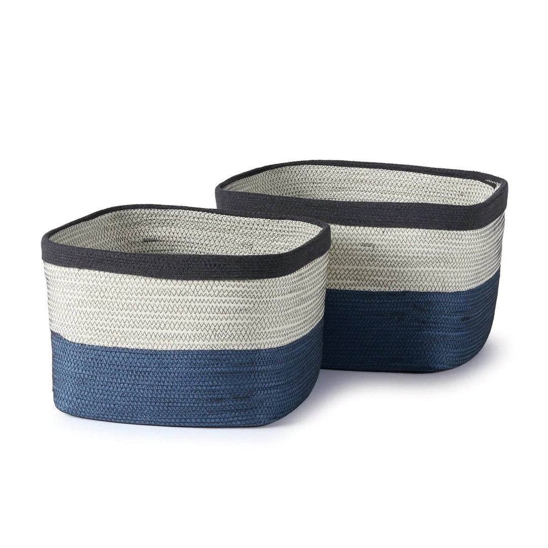 Set of two blue and white rectangular woven storage baskets with mixed weave texture, indoor home organization decor for living or bedroom – Casual Coastal.

