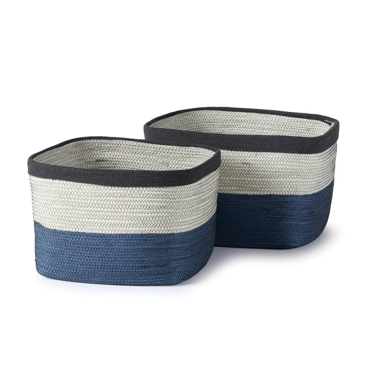 Set of two blue and white rectangular woven storage baskets with mixed weave texture, indoor home organization decor for living or bedroom – Casual Coastal.

