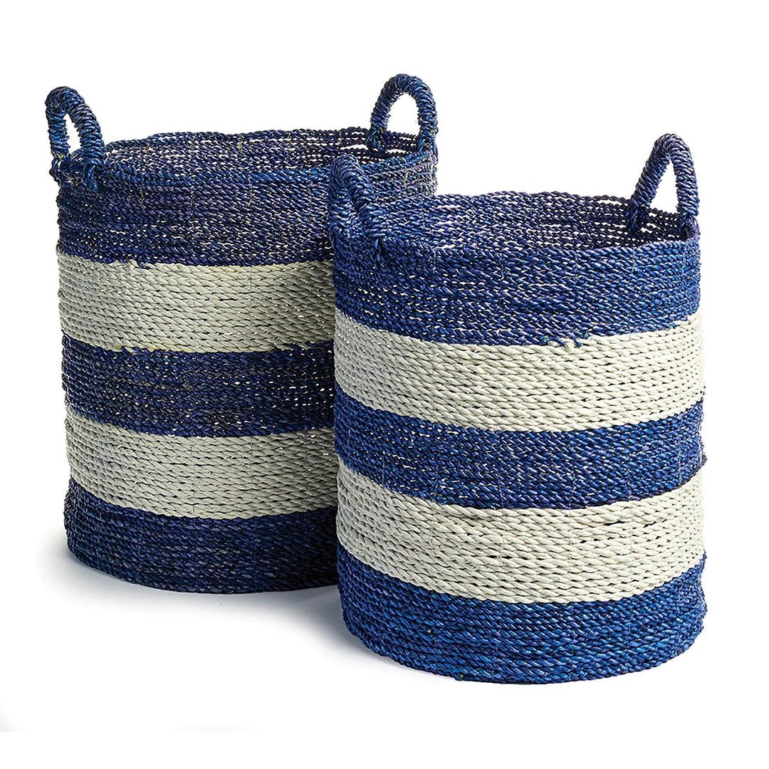 Set of two woven utility baskets in blue and white with rope handles and seagrass texture.