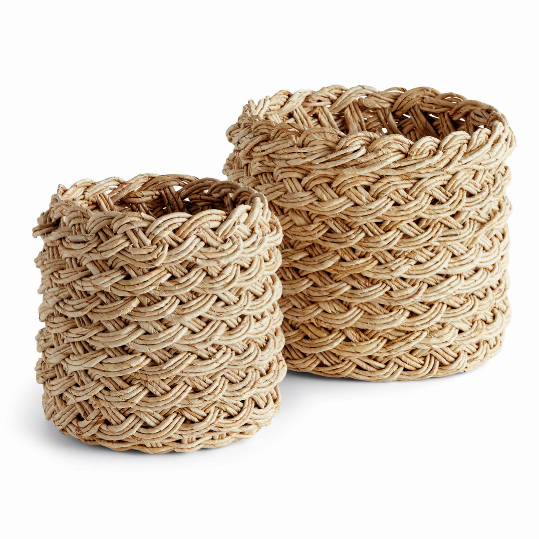 Set of 2 round abaca French braid baskets in natural tan finish, handwoven for storage and decorative use – Boho Storage Baskets