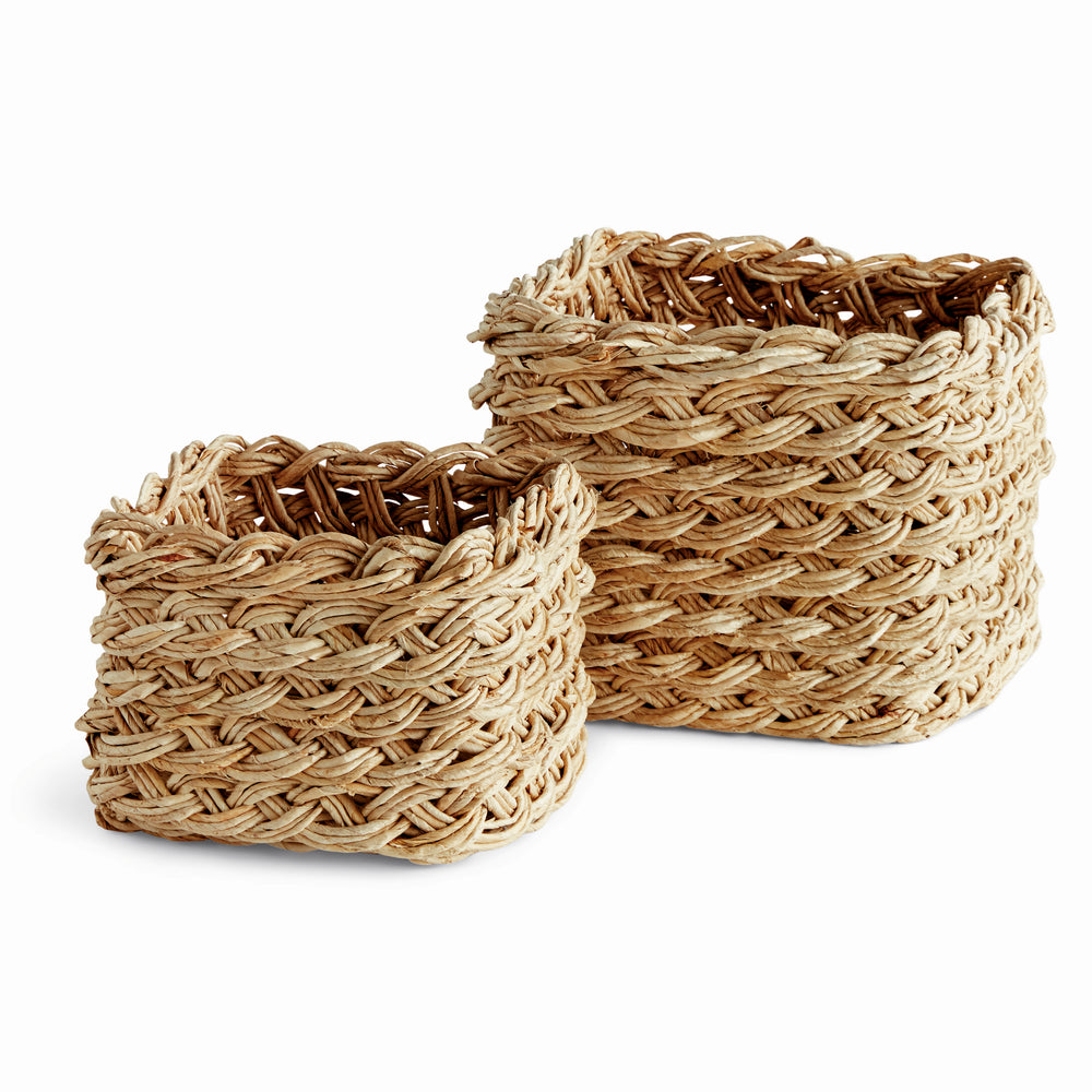 Set of 2 square abaca French braid baskets in natural tan finish, handwoven for storage and decorative use – Boho Storage Baskets