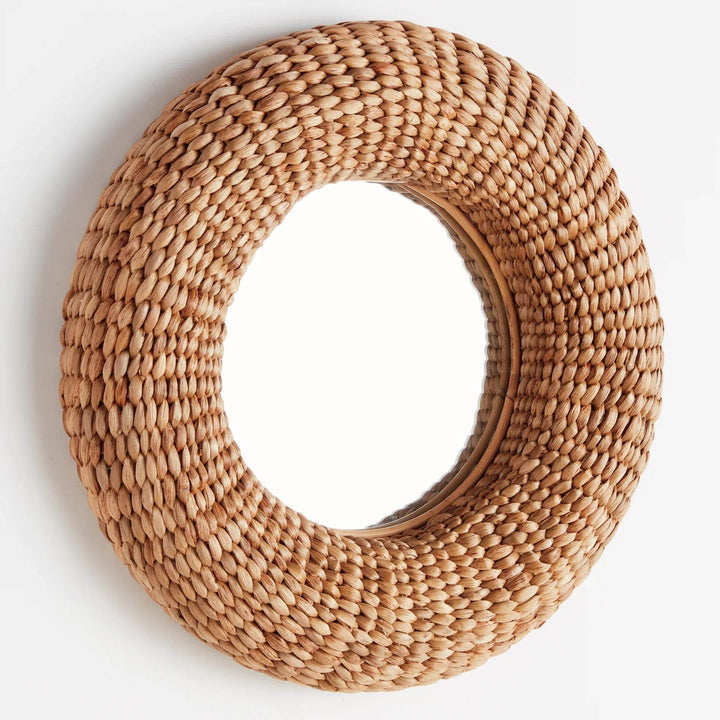 Side angle of rattan-style round mirror showing woven texture—ideal for coastal, bohemian, and farmhouse interiors.
