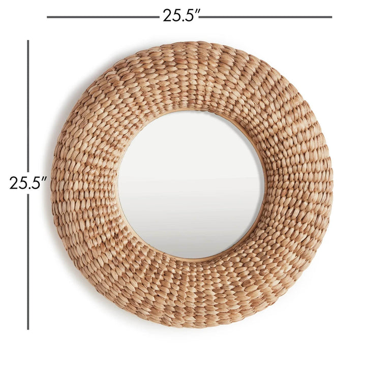 Round mirror with labeled 25.5-inch dimensions, ideal for styling modern farmhouse, coastal, or boho-inspired spaces.