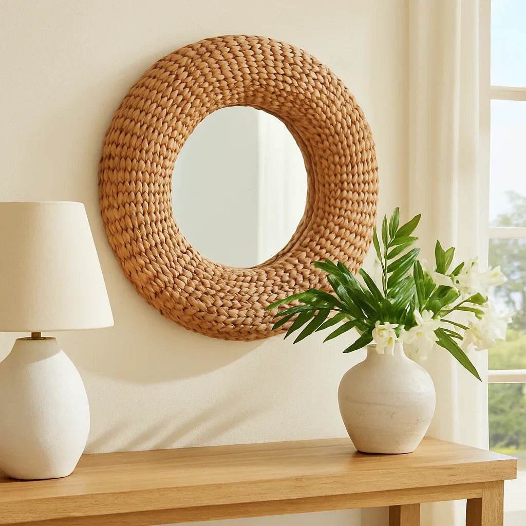 Boho-coastal styled living room with handwoven round wall mirror featured above console for a relaxed natural look.