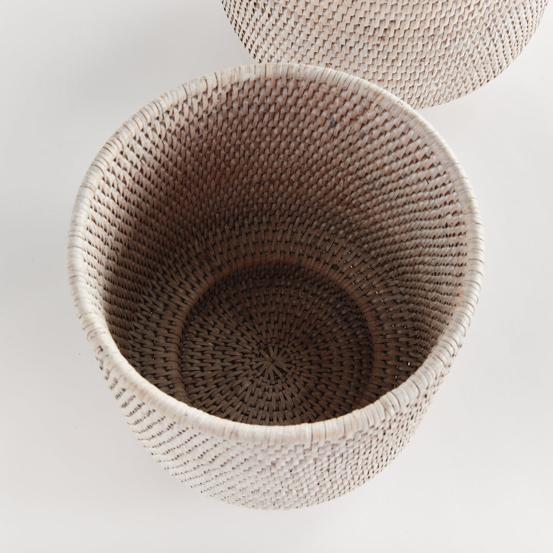 Whitewash rattan cachepots viewed from above, showing woven interiors and the pattern in the base - Coastal Transitional
