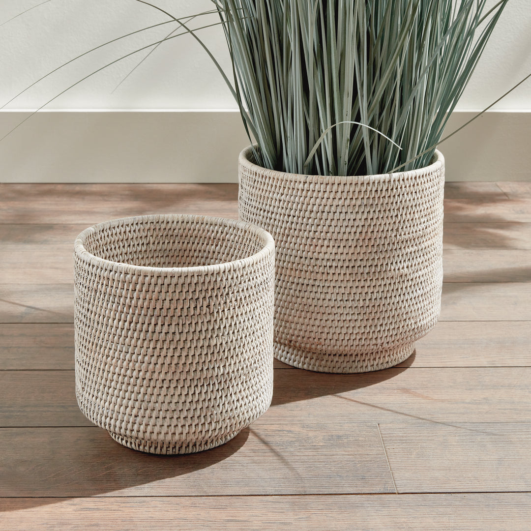 Whitewash rattan cachepot set styled on a wooden floor, with foliage rising from the larger woven pot - Coastal Transitional