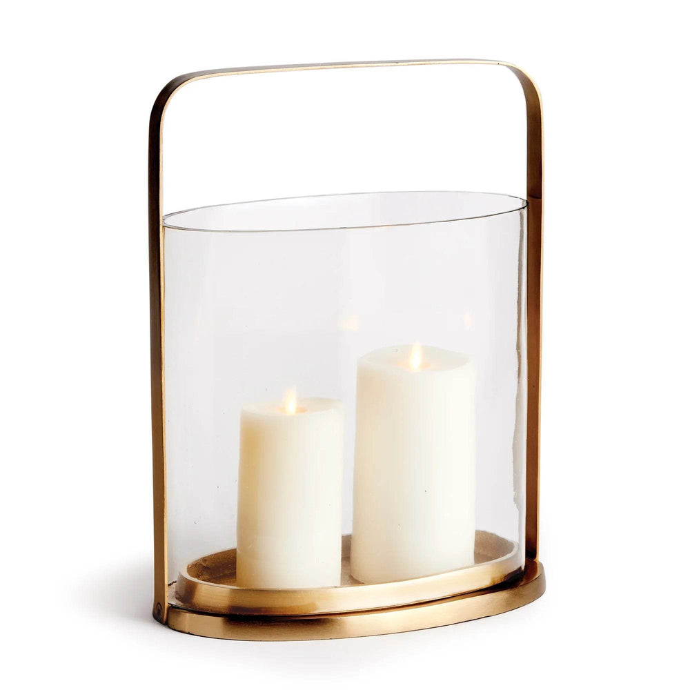 Large 15.5 inch hurricane candle holder with clear oval glass and matte brass handle and frame