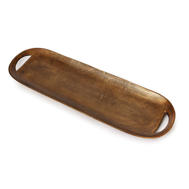 Long rectangular brass metal tray with integrated handles, shown on white background – Transitional

