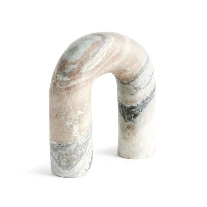 Brown and white marble arch sculpture with rounded shoulders and upright legs, showing broad stone veining. Modern Organic